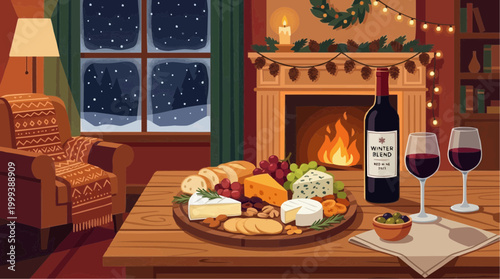 A cozy holiday scene with a festive spread, featuring wine, cheese, and a warm fireplace. Capture the spirit of Christmas, new year, holiday or a cozy night.