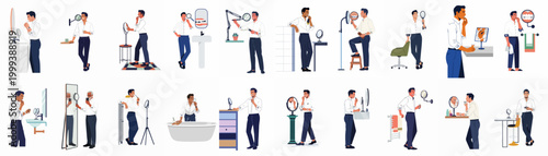 Collection of flat vector illustrations featuring a man performing various daily grooming routines, like brushing teeth and looking in the mirror.