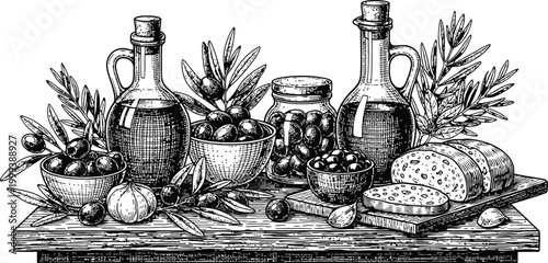 Olive oil bottles and jars with olives and bread on a wooden board in a hand-drawn style