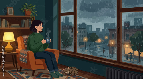 A contemplative scene of a woman, enjoying a cozy moment indoors, with a cup of hot drink, overlooking a rainy cityscape through a large window.