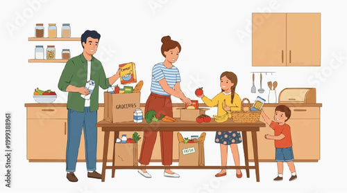 A family works together to unpack groceries in their kitchen. Illustrating the importance of teamwork and healthy eating.