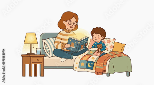 A tender moment of bedtime storytelling: a loving mother reads to her child, creating a cozy and magical atmosphere, enhancing a moment of comfort and imagination.