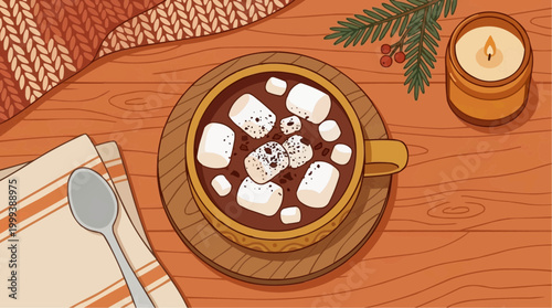 A cozy, top-down view of a steaming mug of hot cocoa topped with marshmallows, accompanied by a flickering candle and a sprig of greenery.