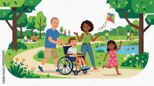 A vibrant illustration captures the essence of a inclusive community, where individuals of all abilities come together to enjoy a day at the park.
