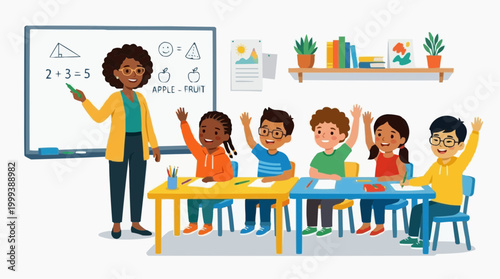 A vibrant classroom scene with a teacher explaining math to students, hands raised for answers. the scene depicts students learning and engaging in the classroom.