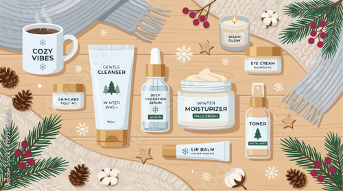 A meticulously arranged product showcase of skincare essentials, complemented by winter-themed decor. featuring cozy mug, and aromatic candle.