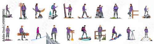 Comprehensive collection of flat vector illustrations featuring diverse characters engaged in various hiking, climbing, and outdoor adventure activities in mountainous landscapes.