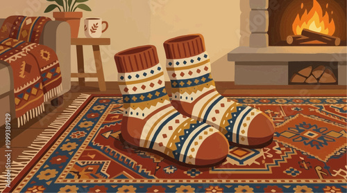 Warm socks by a crackling fireplace in a cozy living room, invoking feelings of warmth and comfort.