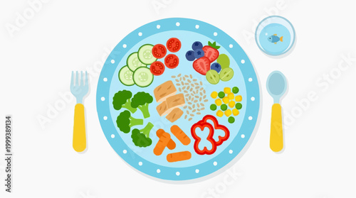 A vibrant illustration presents a balanced, colorful meal, artfully arranged on a plate with cutlery, emphasizing a healthy, nutritious approach to eating. 