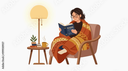 Cozy reading nook scene: an individual is lost in the world of literature, wrapped warmly in a blanket, accompanied by a soothing cup of hot beverage, and bathed in the soft glow of a nearby lamp.