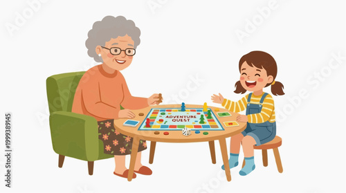 A heartwarming scene unfolds as a grandmother and granddaughter bond over a board game, filled with smiles, laughter, and a shared connection.