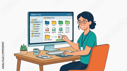 A skilled professional works efficiently at a modern desk, utilizing advanced technology to navigate digital files, emphasizing productivity and innovation.