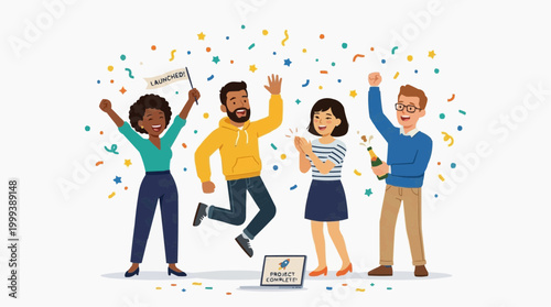 A vibrant illustration capturing a moment of triumph and celebration, featuring a diverse group of individuals rejoicing amidst colorful confetti. The scene evokes feelings of joy, achievement.