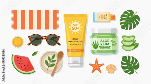 A vibrant flat lay of summer essentials, embodying the essence of relaxation, sun protection, and natural care under a bright sun. 