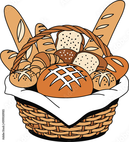 Delicious assortment of fresh baked bread in a wicker basket