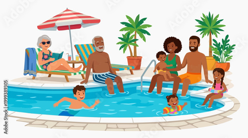 A cheerful family gathers around a swimming pool for a summer day of leisure, depicting the delight of an intergenerational group enjoying recreational time together in vibrant illustration.