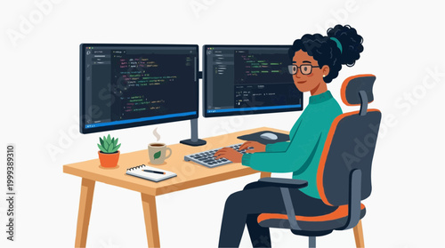 A focused programmer meticulously codes on dual monitors, with a coffee in hand. This illustration captures the dedication and creative process of modern software development.