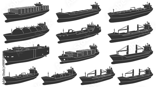 Black and white vector illustration of various cargo ships and tankers