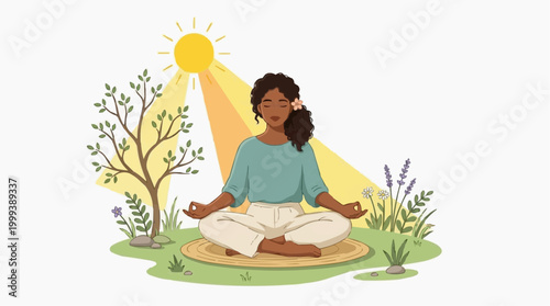 A woman finds tranquility in a meditative pose. A digitally crafted scene shows her finding inner peace amidst a garden. The illustration evokes serenity, well-being, and mindfulness.