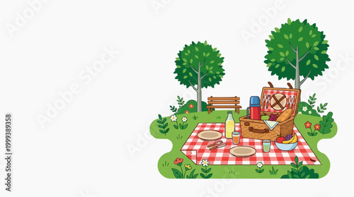 A picturesque picnic setup is arranged on a vibrant checkered blanket, complete with a picnic basket, food, and drinks, inviting viewers to imagine a relaxing day outdoors.