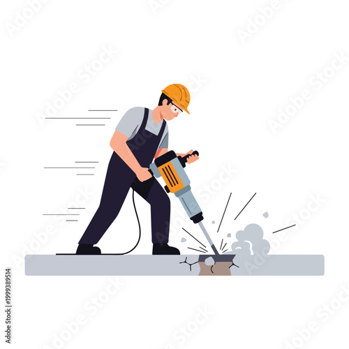 Construction worker in hard hat and overalls using a jackhammer to break concrete on a site