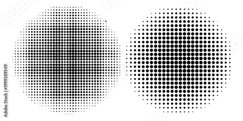 Set of halftone dots gradient pattern texture isolated on white background. Straight dotted spots using halftone circle dot raster texture.