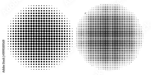 Set of halftone dots gradient pattern texture isolated on white background. Straight dotted spots using halftone circle dot raster texture.
