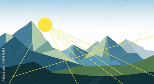 Mountains stand under a bright sun with stylized geometric rays of light.