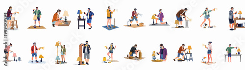 Set of flat illustrations showing people in respirator masks spray painting and refurbishing old lamps and furniture as part of DIY home renovation projects.