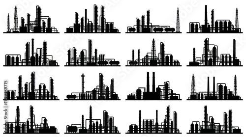Industrial Refinery Silhouettes, Oil Gas Plant Black and White Line Art