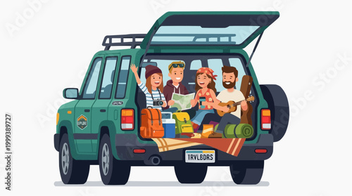 A group of friends prepares for their ultimate road trip adventure, brimming with anticipation. They load their supplies, instruments, and camping gear into their open SUV trunk.