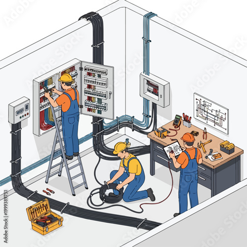Electricians installing electrical wiring and panels in a modern building construction site with safety helmets