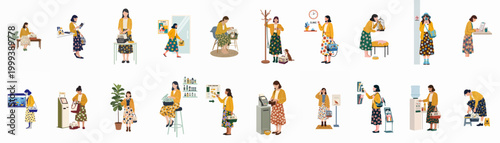 Illustration set of a woman with her pets visiting a veterinary clinic, featuring various scenes from the waiting area to the checkout counter.