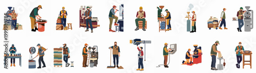 Set of flat vector illustrations showing professional coffee roasters performing various tasks in an industrial roastery, including roasting, sorting, and quality control.