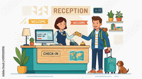 A friendly hotel receptionist assists a traveler with check-in, highlighting a welcoming and helpful environment with a touch of adventure.