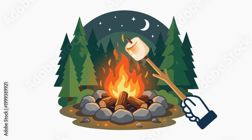 An inviting campfire scene where a toasted marshmallow held over the fire creates a sense of comfort. It is surrounded by lush green trees under a starry night.