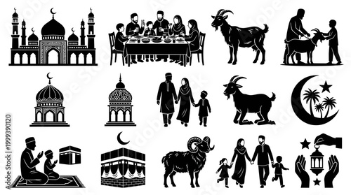 Islamic Eid al-Adha vector icons: mosque, family, goat, Kaaba, crescent moon, lantern, black and white glyphs