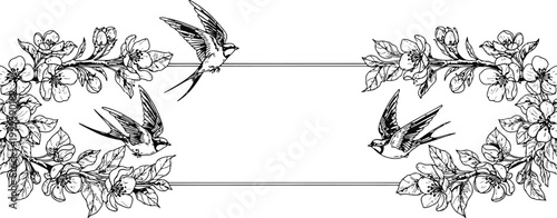 Swallows in flight amidst delicate blooming branches in a vintage sketch style