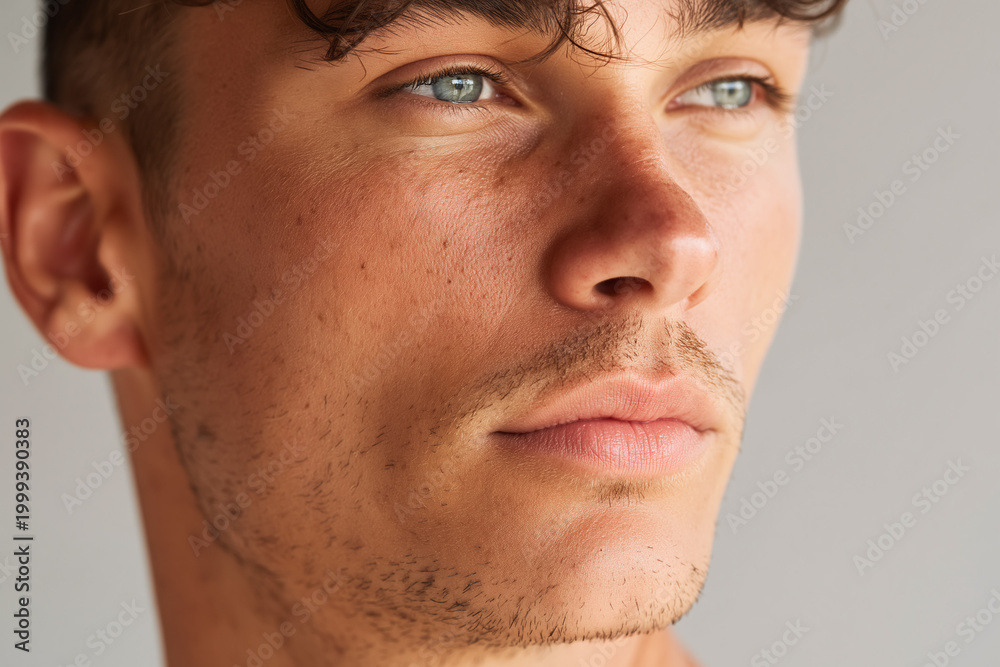 Obraz premium Handsome young man close up portrait with realistic skin texture, subtle stubble, blue eyes and thoughtful expression in soft natural light
