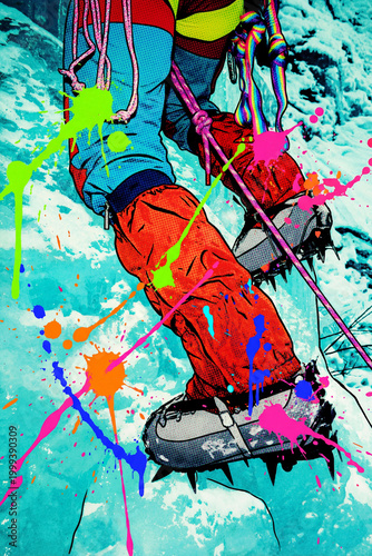 Ice climber in action on frozen waterfall. Close up crampons and gear. Pop art retro illustration with splashes of neon colors.