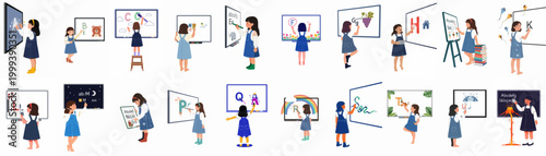 A series of illustrations depicting a young girl learning the alphabet and drawing on interactive digital boards, perfect for educational and classroom concepts.
