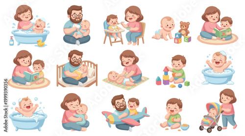 Happy Family Moments: Parents and Babies in Various Activities, Flat Design