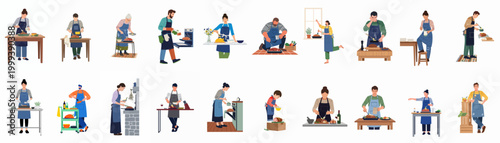 Large Flat Vector Illustration Set of People Cooking Holiday Meals, Roasting Meat, and Preparing Festive Dinner in the Kitchen