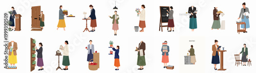 Collection of flat vector illustrations depicting restaurant workers and hospitality staff engaged in daily service activities like hosting, serving, and decor.