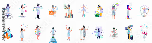Set of diverse female characters experiencing various metaverse activities, virtual reality gaming, digital work, and social media interactions in a futuristic holographic style.