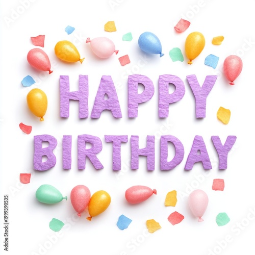 Colorful Happy Birthday Celebration with Balloons and Confetti on White Background for Festive Events and Parties