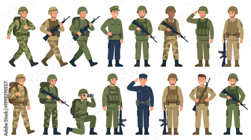 Flat Vector Cartoon Military Soldiers Army Personnel Character Set Illustration