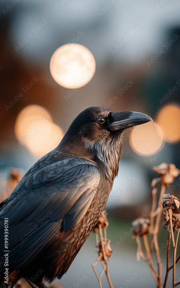 Naklejka premium Raven with detailed dark feathers perched in urban setting against glowing full moon and blurred city skyline at twilight for mystical night themes and halloween design