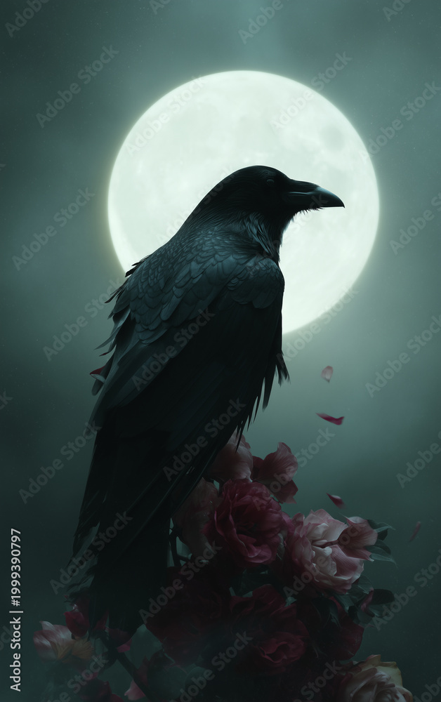 Fototapeta premium Dark raven with flowing ink like feathers dissolving into mist before a luminous full moon in deep blue night sky creating dramatic gothic fantasy atmosphere for halloween posters book covers and myst