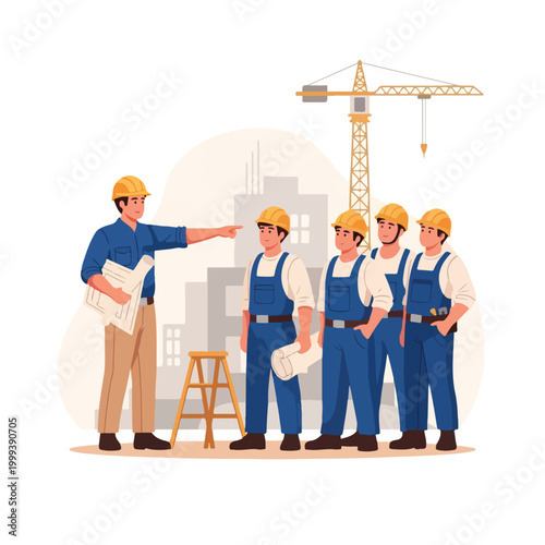 Construction foreman directing team of workers with blueprints at building site with crane